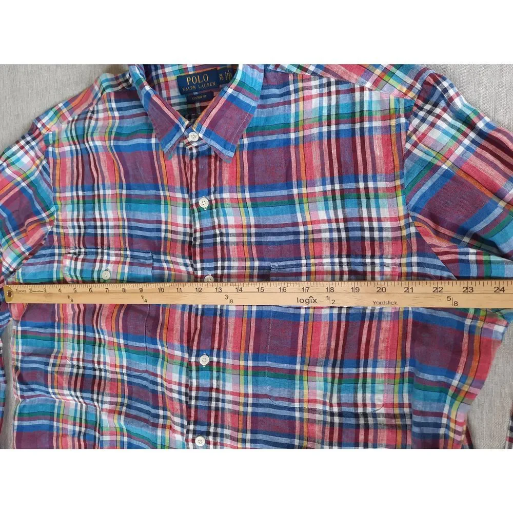 Polo Ralph Lauren Men XL Custom Fit Plaid Western Linen Button Shirt LongSleeve‎
